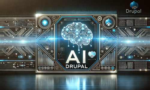 DALL·E 2025-03-24 19.36.23 - A futuristic tech-themed blog banner image featuring the text 'AI × Drupal'. The design includes a glowing AI brain chip or digital circuit representi
