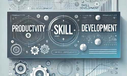 DALL·E 2024-08-28 09.20.38 - An eye-catching blog header image featuring the text 'Productivity, Skill, and Development' in a modern and clean font. The design should be professio