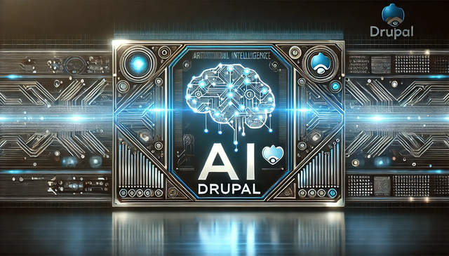 DALL·E 2025-03-24 19.36.23 - A futuristic tech-themed blog banner image featuring the text 'AI × Drupal'. The design includes a glowing AI brain chip or digital circuit representi
