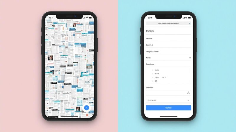 「項目が多すぎるフォーム」vs「整理されたフォーム」の比較図をお願いします__よりシンプルに_色は明るめで_スマホ画面