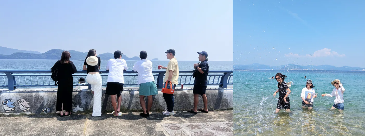 従業員が海を眺めている画像と海ではしゃいでいる画像の組み合わせ